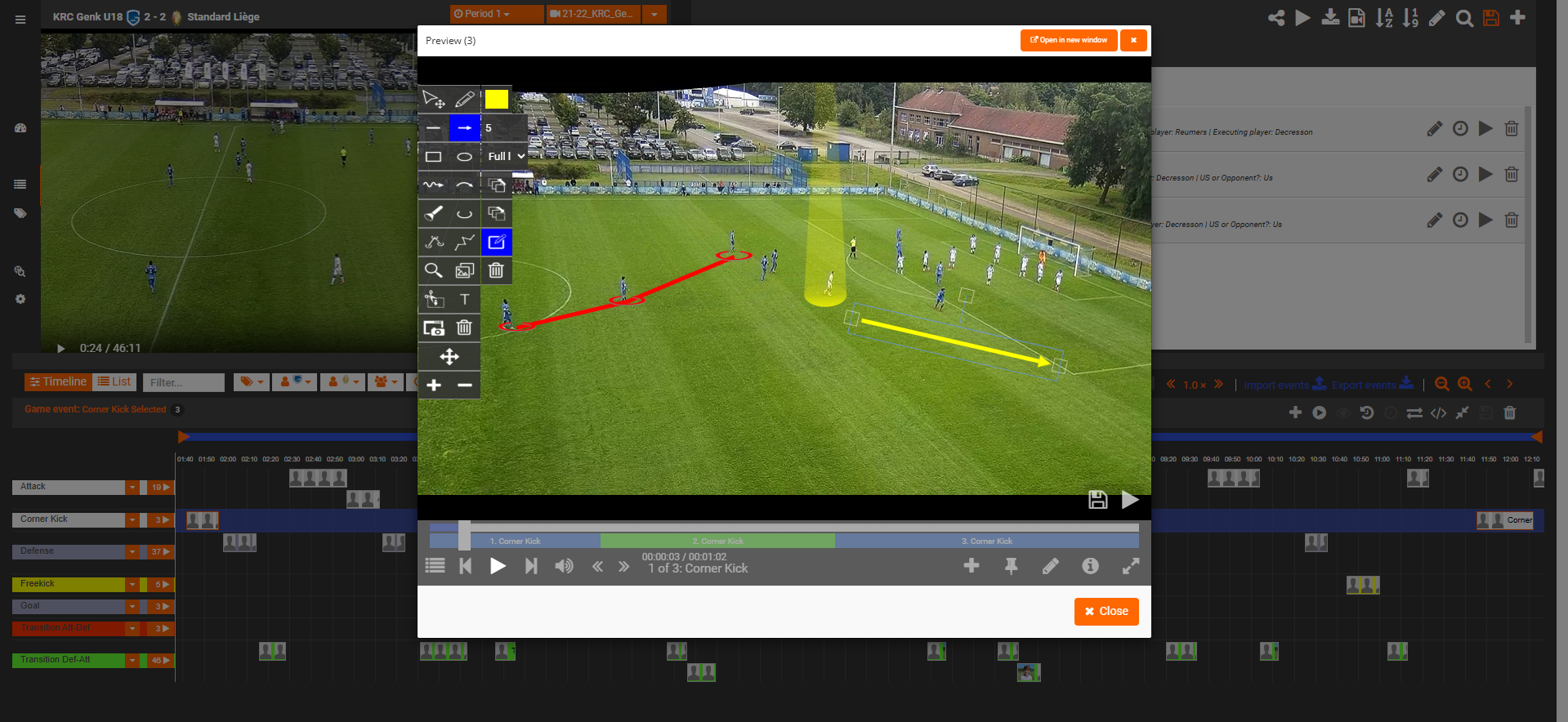 Video library with game timeline, tagged events and drawing tools over a corner kick