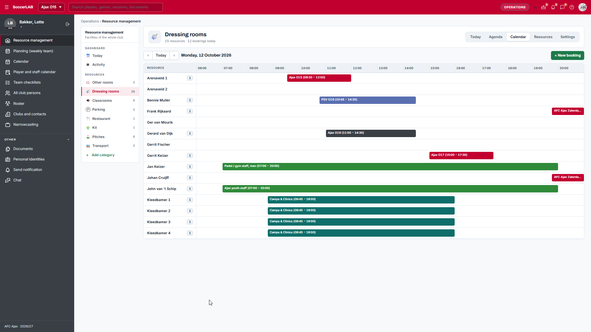 SoccerLAB operations calendar with facility bookings per team